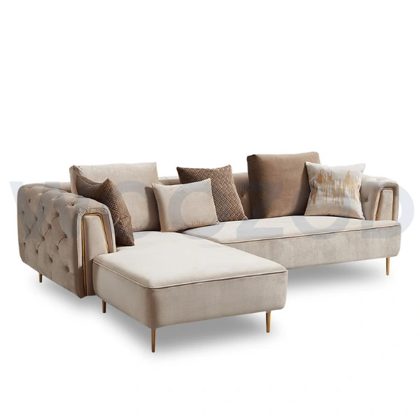 Woozod Luxe Beige Velvet Sectional Sofa with Gold Accents – Modern L-Shaped Sofa Design.