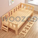 Woozod Modern Single Size Children's Bed with Barriers – safe, customizable wooden and leather kids’ bed.