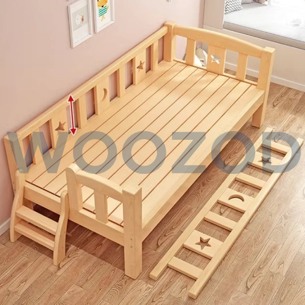 Woozod Modern Single Size Children's Bed with Barriers – safe, customizable wooden and leather kids’ bed.