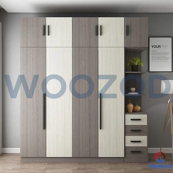 Woozod Modern Wardrobe – elegant wooden wardrobe with drawers, shelves, and hanging rails for modern interiors.