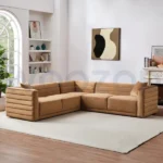 Woozod Peanut Brown Velvet L-Shaped Sectional Sofa – Modern Tufted Corner Sofa Design.