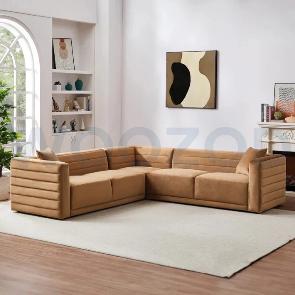 Woozod Peanut Brown Velvet L-Shaped Sectional Sofa – Modern Tufted Corner Sofa Design.