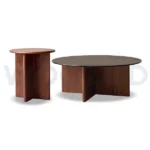 Woozod Valen Nesting Tables – solid walnut and Okoume wood tables with tempered glass tops.