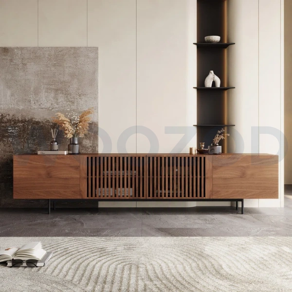 Modern 94-inch walnut brown TV stand with slatted door and black metallic legs by Woozod Furniture.