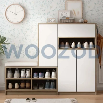 Woozod Perch Geometric Style Shoe Storage Cabinet – brown and white shoe cabinet with geometric design, bench seat, and ample storage.