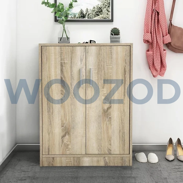 Woozod Tessel Classic Two Door Shoe Storage Cabinet – brushed oak shoe cabinet with shelves and dual doors.
