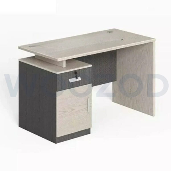 Wood study table with laminated engineered wood top and customizable color finish.