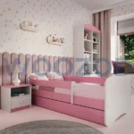 Woozod Tula Modern Design Pink and White Kids Bed with guardrails and drawer by Woozod Furniture.