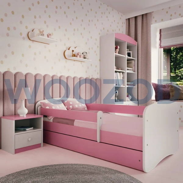 Woozod Tula Modern Design Pink and White Kids Bed with guardrails and drawer by Woozod Furniture.