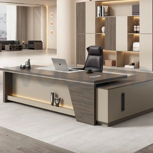 Woozod Ultra Exec Premium Executive Office Table featuring slanted front mesh, matte finish, and modern lighting design.