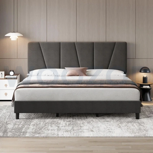 Dark Grey Velvet King Bed – Modern Luxury by Woozod