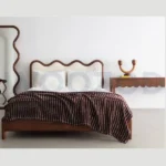 walnut-brown-queen-bed-with-velvet-upholstered-headboard,queen-size-bed-solid-wood-frame-and-off-white-headboard,luxury-walnut-brown-wooden-bed-with-upholstery,