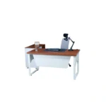 Woozod Willis Manager Table in white and royal birch finish with 3-drawer side rack and powder-coated steel frame.