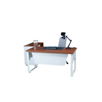 Woozod Willis Manager Table in white and royal birch finish with 3-drawer side rack and powder-coated steel frame.