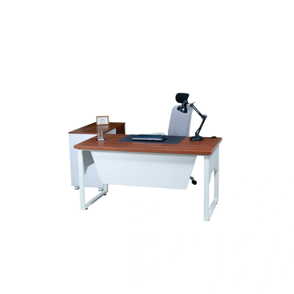 Woozod Willis Manager Table in white and royal birch finish with 3-drawer side rack and powder-coated steel frame.