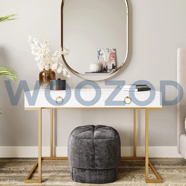 AYNA white vanity table with golden iron frame and modern minimalist design by Woozod Furniture.