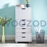 Woozod BERAT White Five Drawer Side Dresser with four wheels, routed handles, and sleek white finish.