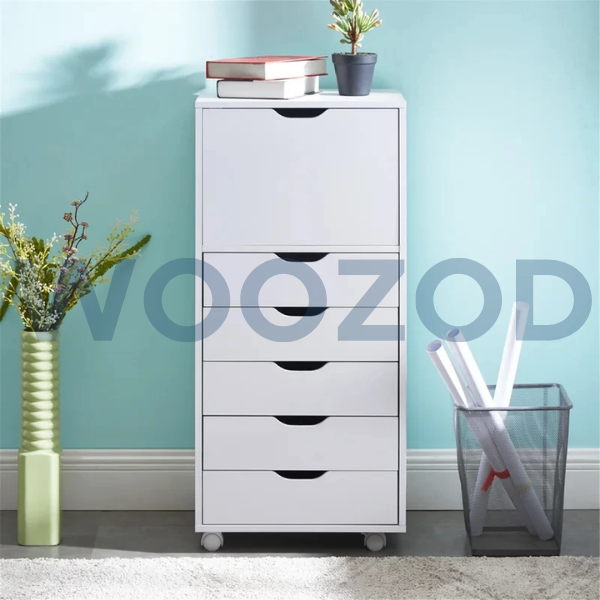 Woozod BERAT White Five Drawer Side Dresser with four wheels, routed handles, and sleek white finish.