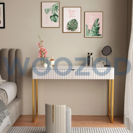 White vanity desk with wave carving drawers and gold accents by Woozod Furniture.