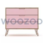 Woozod BRUINE Pink Wide Drawer Chest with antique golden hairpin legs, cut-out edge handles, and three deco-painted drawers in pink and brown.