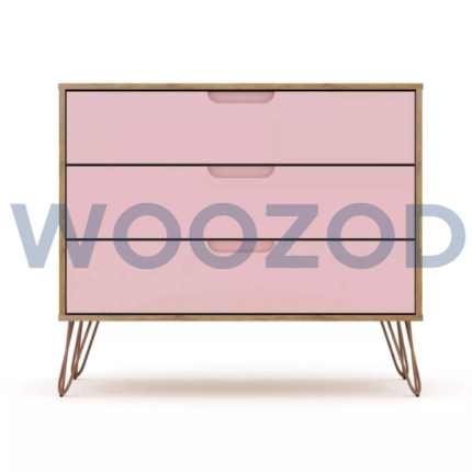 Woozod BRUINE Pink Wide Drawer Chest with antique golden hairpin legs, cut-out edge handles, and three deco-painted drawers in pink and brown.