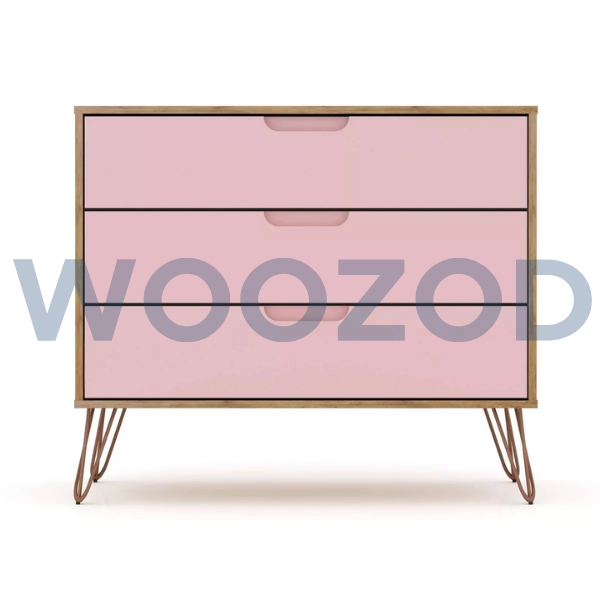 Woozod BRUINE Pink Wide Drawer Chest with antique golden hairpin legs, cut-out edge handles, and three deco-painted drawers in pink and brown.