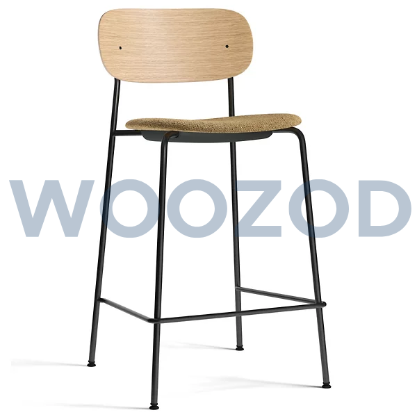 Co upholstered seat bar counter stool with curved upholstered seat and steel base by Woozod Furniture.