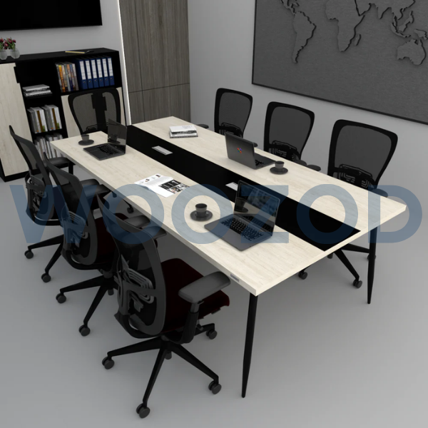 Woozod Creek Meeting Table for 8 persons off-white veneer black melamine finish.
