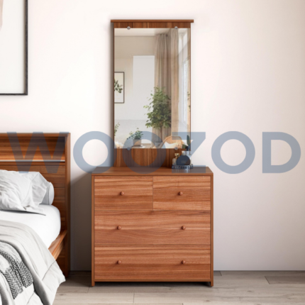 Walnut finish dressing table with four drawers and solid wood pulls from Woozod Alister Collection.