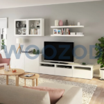 White contemporary media wall unit with shelves and cabinets by Woozod Furniture.