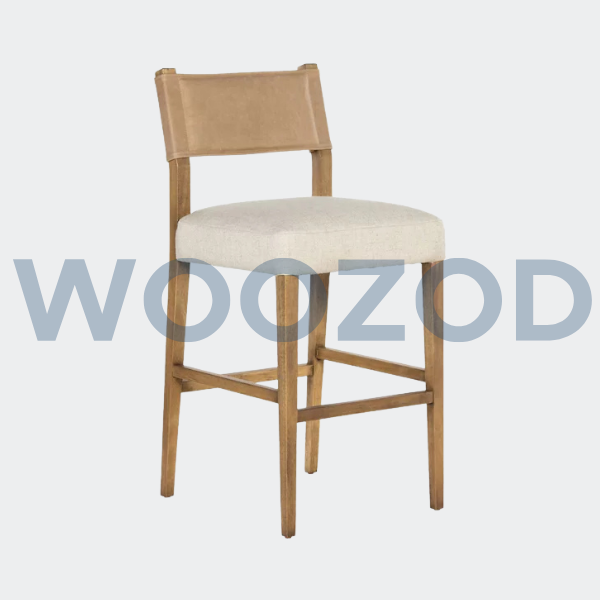 Ferris bar counter stool with parawood frame beige fabric seat and leather back by Woozod Furniture.