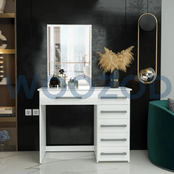 GRACE white vanity table with mirror and six drawers made from synthetic wood by Woozod Furniture.