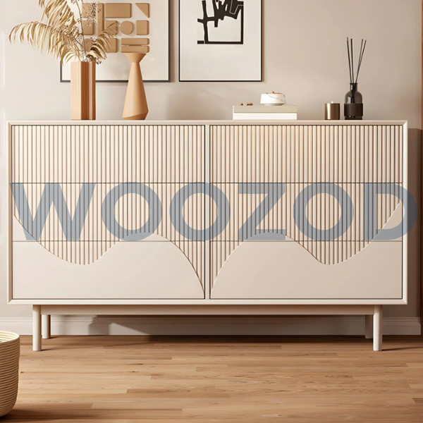 Woozod GULEY Modern Off-White Carved Chest of Drawers with six wide drawers, push-pull style handles, and a neutral off-white finish.