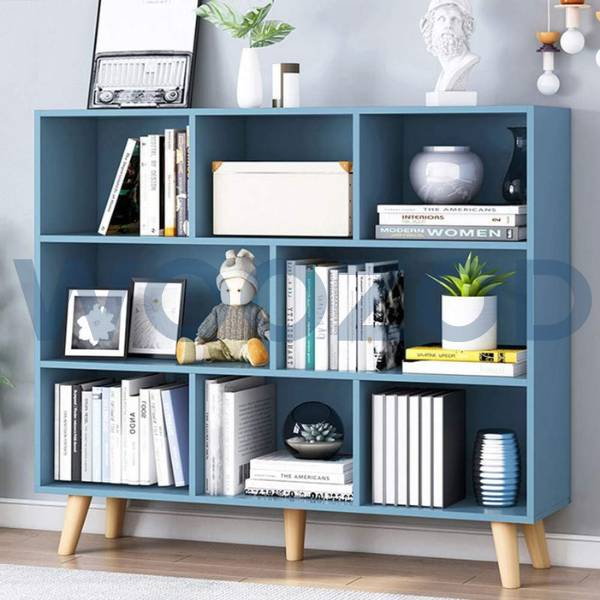 Woozod IOTXY Wooden Open Shelf Bookcase 3-Tier Display Rack in Bright Blue with 8 deep cubes for organized storage.