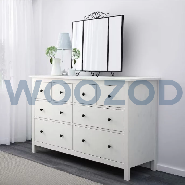 Woozod KAYA White Classic Chest of Drawers with metallic legs and black knobs.