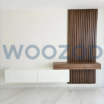 LUNARA Modern Home Media Wall Unit with fluted panels in white and walnut brown.