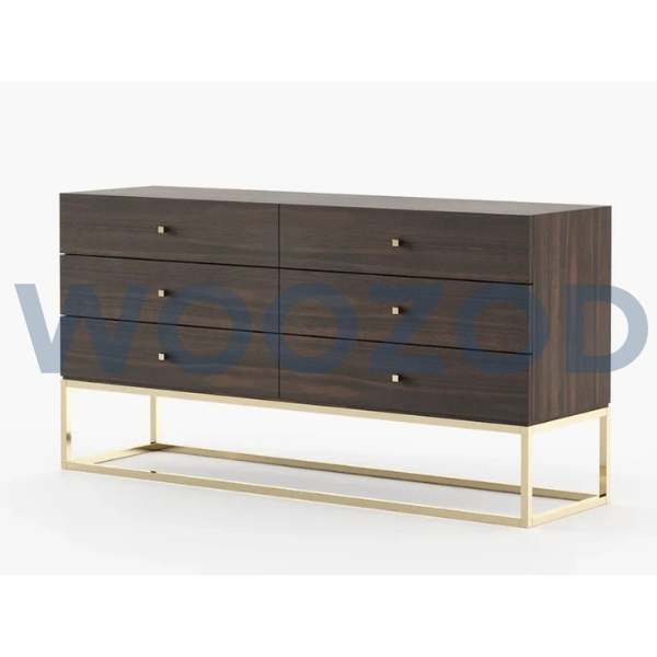 Brown and golden chest of drawers with metal frame and six drawers by Woozod Furniture.