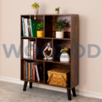 Woozod LeyaoYao Cube 3 Tier Bookshelf with vintage-style crisscross design, brown finish, and seven sturdy shelves.