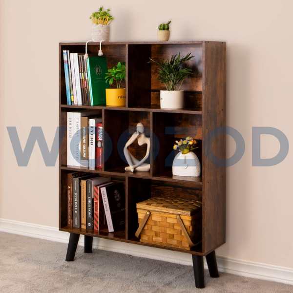 Woozod LeyaoYao Cube 3 Tier Bookshelf with vintage-style crisscross design, brown finish, and seven sturdy shelves.