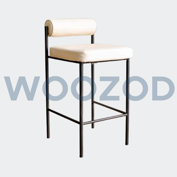MOCHA rolled back bar stool with black metallic frame and off-white leatherite upholstery by Woozod Furniture.