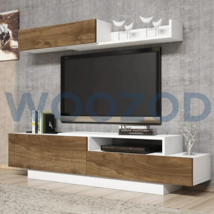 Woozod MODO White & Brown Media Wall Unit with TV console, wall mount shelf, three cabinets, and open shelves for media and decor.