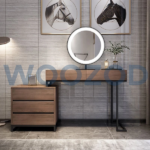 MUSE walnut brown modern vanity table with black metallic base and storage drawers by Woozod Furniture.