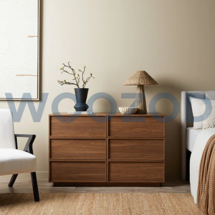 Walnut brown six drawer chest with handle-free design by Woozod Furniture.