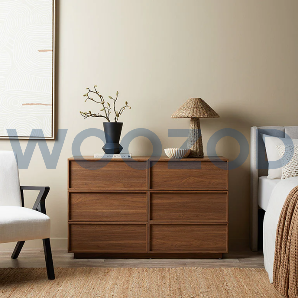 Walnut brown six drawer chest with handle-free design by Woozod Furniture.