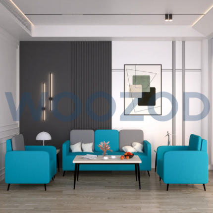 Woozod Opera Sofa Set 3-1-1 grey and blue knitted upholstery with acacia wood frame.
