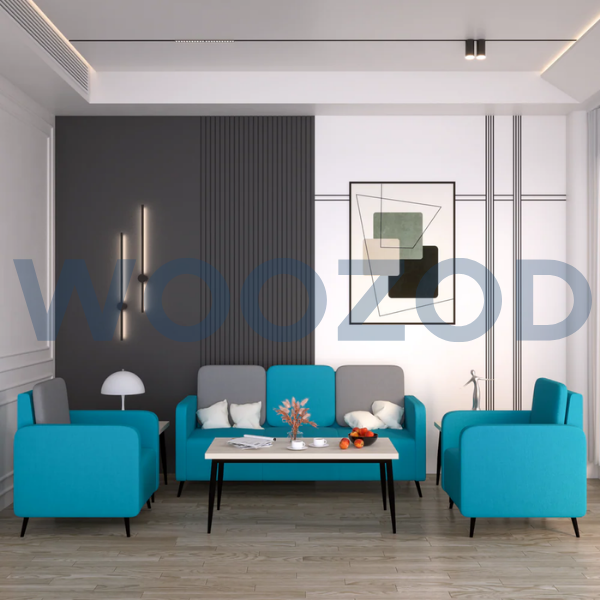 Woozod Opera Sofa Set 3-1-1 grey and blue knitted upholstery with acacia wood frame.