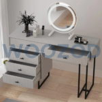 Grey wide vanity table with five drawers and black metallic sled legs by Woozod Furniture.