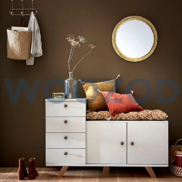 Woozod PRADEL Grey Modern Combo Chest of Drawers & Cabinet with four drawers, one wide cabinet, and antique drawer knobs.