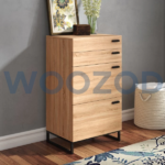 Oak brown mini side dresser with four drawers and black metallic frame by Woozod Furniture.