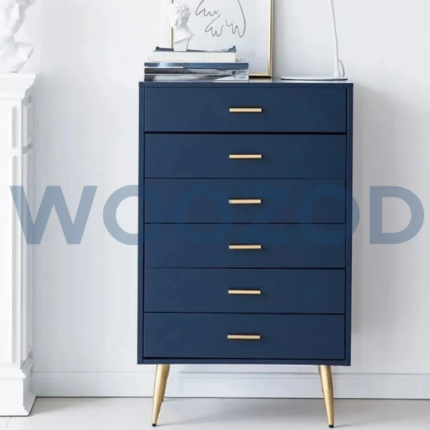 Blue four drawer chest with oak brown legs by Woozod Furniture.